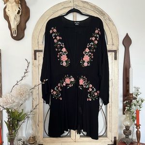 City Chic Black and Floral Embroidered Tie Waist Mini Dress
